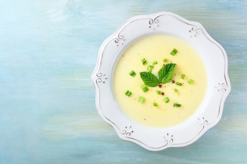 Wall Mural - Overhead photo of French vichyssoise soup with copyspace