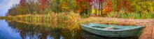 Rowboat Anchored On The Shore Of Lake. Modern Oil Painting Illustration Art
