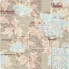 Wall Mural - Seamless background pattern. Retro grunge pattern with a Vintage words and sketches of flowers. Halftone newspaper.