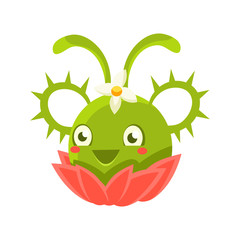 Wall Mural - Cute fantastic green succulent plant character with spikes, nature element cartoon vector Illustration