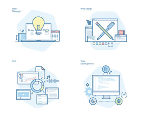 set of concept line icons for web design and development, seo, web manager. ui/ux kit for web design