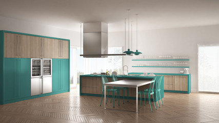 Minimalistic modern kitchen with table, chairs and parquet floor, white and turquoise interior design