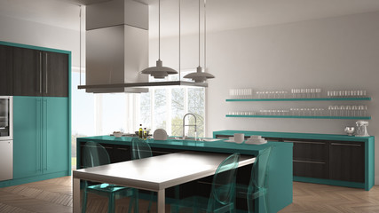 Wall Mural - Minimalistic modern kitchen with table, chairs and parquet floor, gray and turquoise interior design