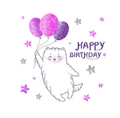 Square greeting card with white cat with glittering purple balloons and purple lettering happy birthday on star background - vector Illustration