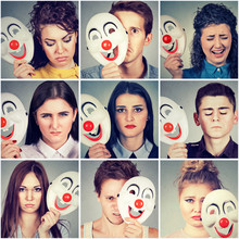 Group Of Sad Angry People Hiding Real Emotions Behind Clown Mask