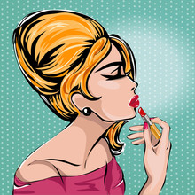 Retro Fashion Woman With Lipstick Profile Portrait On Vintage Style Background With Dots, Vector