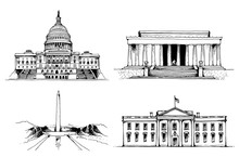 United States Capitol Building, White House, Washington Monument, Lincoln Memorial Vector Illustration. USA Vector Landmarks Set Isolated On White Background
