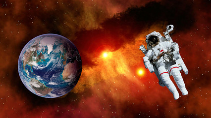 Wall Mural - astronaut planet earth spaceman suit outer space gravity galaxy floating universe explosion. element