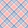 Seamless tartan plaid pattern. Checkered fabric texture print in dark navy blue, white and light grayish blue stripes on pale pinkish peach red background.