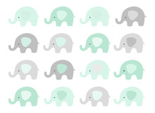 Cute Elephant Vector Set In Shades Of Mint And Gray. Baby Boy.