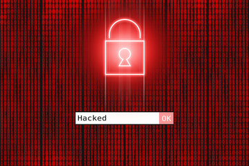 Red neon locked padlock icon in front of binary code screen. Hacking background concept
