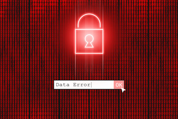 red neon locked padlock icon in front of binary code screen. hacking background concept