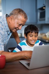 Smiling grandfather assisting grandson using laptop