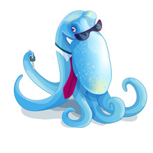 Octopus In The Tie And Glasses. The One Holding The Keys. For The Logo, Illustrations, Postcards.