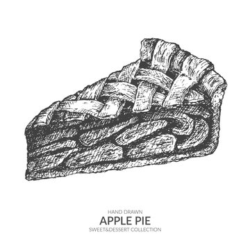 hand drawn piece of apple pie with ink and pen. vintage black and white illustration. sweet and dess