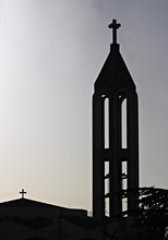 A Church Tower With 2 Crosses On Top, In Lebanon.