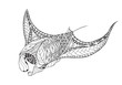 Zentangle stylized manta ray, mobula, devil fish. Vector, illustration, freehand pencil, pattern. Zen art. Black and white illustration on white background. Adult anti-stress coloring book.