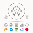 © tanyastock - Lifebuoy with rope icon. Lifebelt sos sign. Lifesaver help equipment symbol. Calendar, Graph chart and Cogwheel signs. Download and Heart love linear web icons. Vector