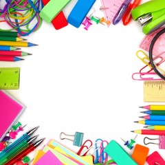 Colorful school supplies square frame against a white background