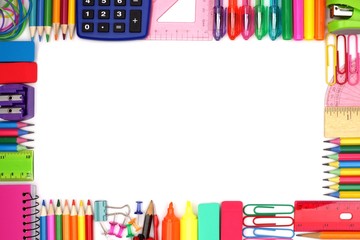 Wall Mural - Back to School school supplies frame against a white background