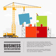 Crane and puzzle building. Infographic Template. Vector Illustration.