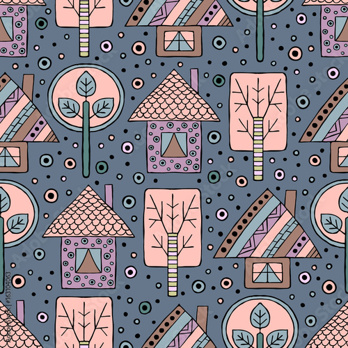 wektor-recznie-rysowane-bez-szwu-wzor-dekoracyjne-stylizowane-dziecinne-drzewa-dom-doodle-styl-plemiennych-ilustracji-graficznych-ozdobne-slodkie-strony-rysunku-seria-doodle-kreskowki-szkic-bez-szwu-wzorow