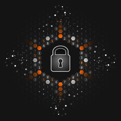 Wall Mural - safety concept. global security. closed padlock, glitter and hexagon shapes on abstract dark technol