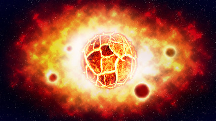 Wall Mural - the cracked sun explosion and planet on space . illustration .