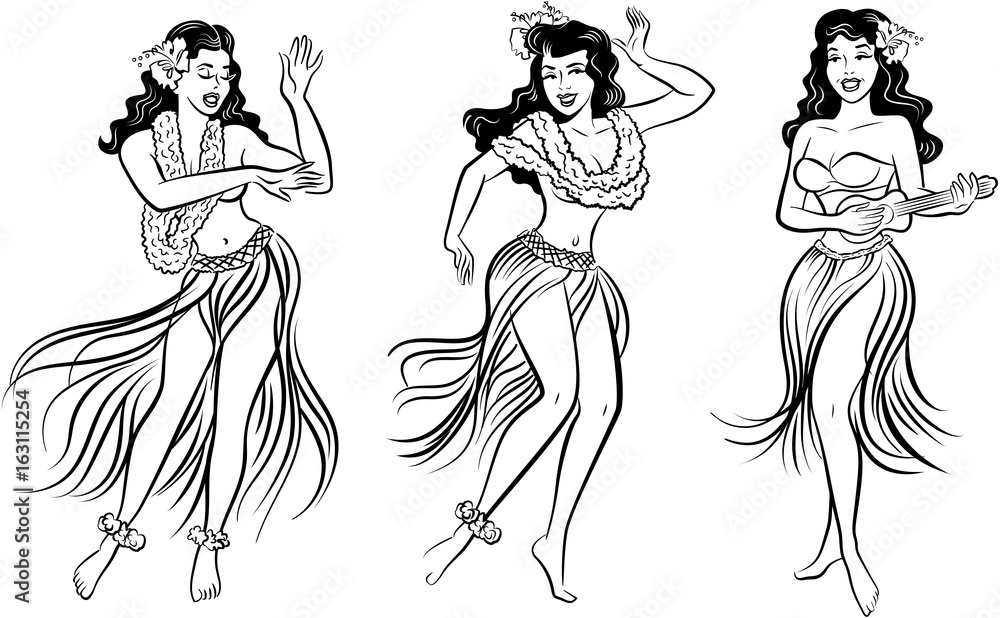 Vector de Stock Black and white group of retro pop art Hawaiian