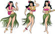 Group of retro pop art Hawaiian Hula girl dancing in a grass skirt