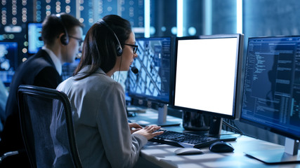Aufkleber - Close up Shot of Female working in a Technical Support Team Gives Instructions with the Help of the Headsets. She Works With White Screen Isolated. Good for Template.