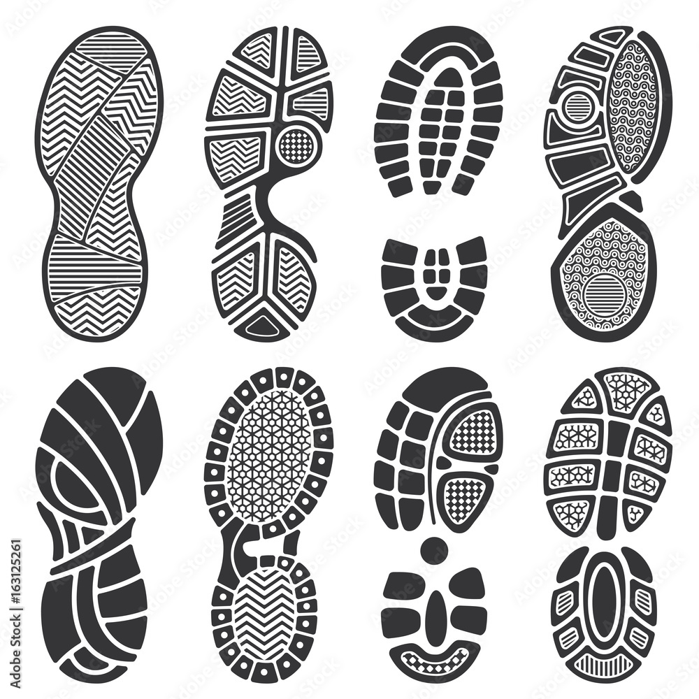 Isolated footprint vector silhouettes. Dirty shoes and sneakers footprints - obrazy, fototapety, plakaty 