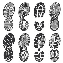 Isolated Footprint Vector Silhouettes. Dirty Shoes And Sneakers Footprints