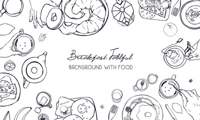 Horizontal advertising banner on breakfast theme. Backdrop with drink, pancakes, sandwiches, eggs, croissants and fruits. Top view. black and white vector hand drawn background with place for text.