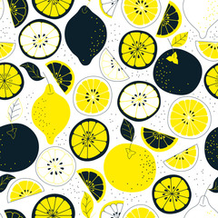 Seamless citrus pattern. Fruit vector background. Colorful background with lemon and orange. Natural and healthy food. Fresh juice