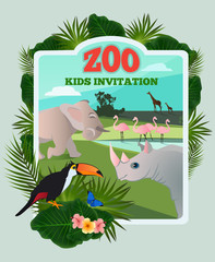 Sticker - Invitation for kids party. Vector poster template with wild funny animals and place for your text