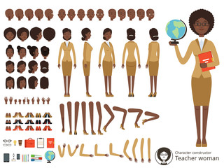 Wall Mural - Vector constructor of female character. Afroamerican teacher pointing. Vector different body parts and elements set