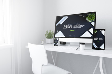 Wall Mural - devices on white minimal workspace digital agency website