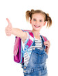 © svetamart - Portrait of smiling happy school girl child with school bag and finger up