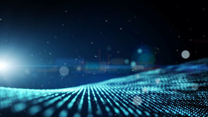 dark blue abstract animation background with moving and flicker particles form. backdrop of bokeh li