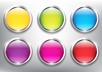 Wall Mural - Abstract vector web buttons set of 6. Isolated with realistic, transparent glass shine and shadow on the light background. Vector illustration. Eps10.