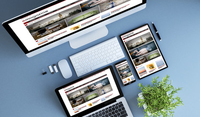 Wall Mural - top view blue devices e-magazine