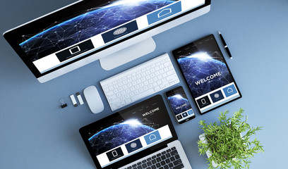 top view blue devices home design communications website