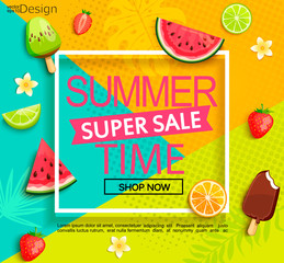 summer super sale banner with fruits.