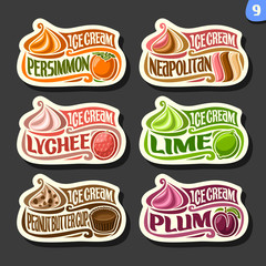 Vector set of fruit Ice Cream labels: 6 logos of different flavor italian icecream dessert, six art icons with title - ice cream, on black background, soft mixed gelato ice cream served of swirl cone.