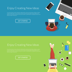 Wall Mural - woman and man working with laptop at work desk. two flat vector illustrations for web banners top vi