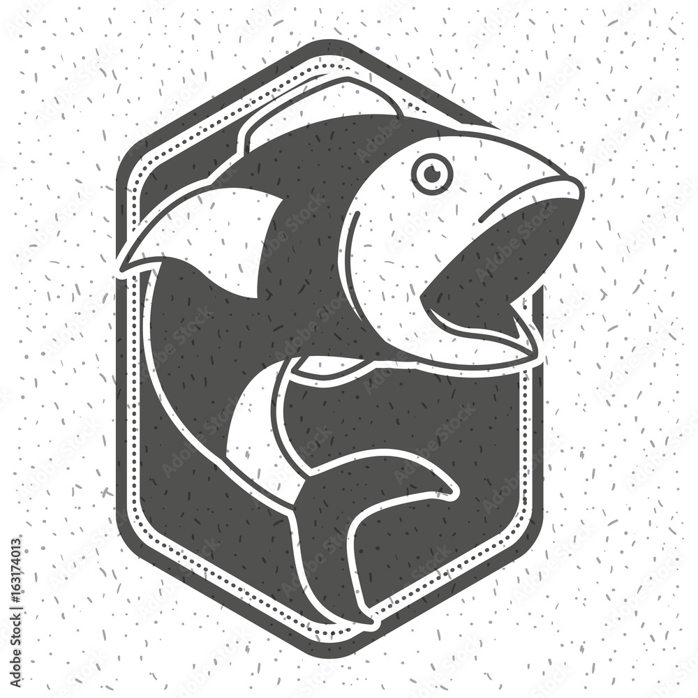 big mouth fish on pole svg white background with sparkle of monochrome silhouette shield emblem with  fish open big mouth vector illustration Stock Vector