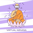 Monk in virtual reality glasses. VR headset advertising concept. Virtual nirvana. Dotted line vector illustration