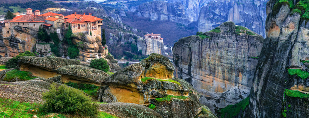 Canvas Print - Landmarks of Greece - unique Meteora with hanging monasteries over rocks