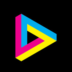 Sticker - Penrose triangle icon in CMYK colors. Geometric 3D object optical illusion. Vector illustration. Printing studio theme.